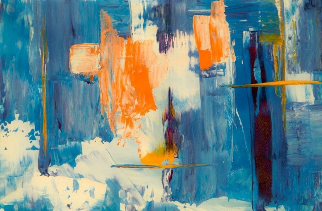 Abstract painting with layered blue, orange, white, and purple brushstrokes